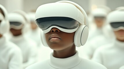 Group wearing white futuristic headsets. Persons look forward. Bright environment. Concept for global networks connecting everyone. Data streams enable new experiences.