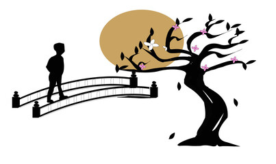 vector, illustration, animal, cartoon, silhouette, tree, cat, black, nature, moon, dog, night, animals, bat, witch, love, mammal, wolf, holiday, sunset, art, dark, wild, funny, man on bridge
