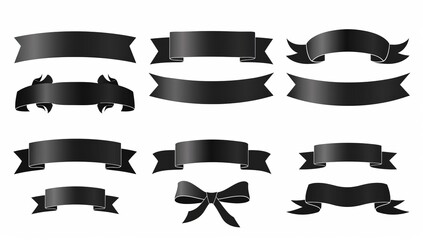 Various black ribbons and bows on white background