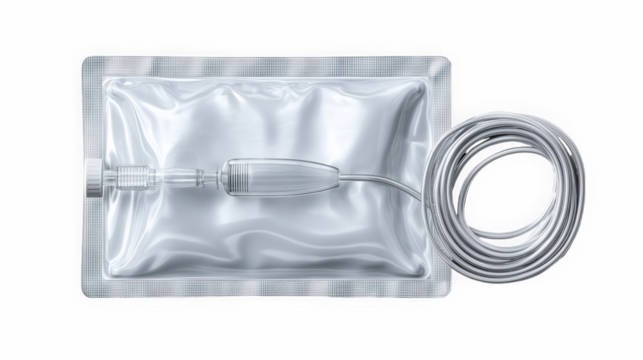 IV saline bag with tubing top view on black