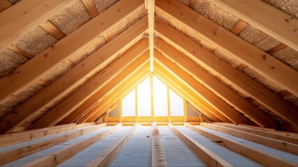 Bright sunlight illuminates empty attic space through triangular skylight, revealing wooden beams and insulation