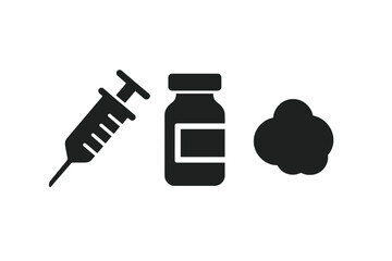 Vaccination tools icons set, solid filled injection syringe, vaccine vial, cotton ball, medical immunization supplies, vector illustration on transparent background