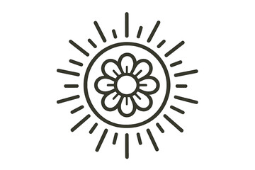 Floral sun symbol with rays. Minimalist flower icon for warmth and energy. Nature, summer, and sunshine concept. Vector line art illustration for logo, print or sticker design.
