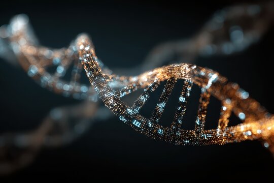 Digital DNA Strand with Binary Code on Dark Background, Science Concept