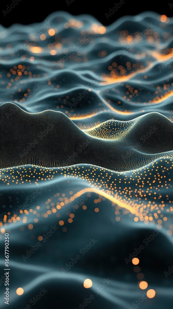 Aufkleber glowing points cover blue waves. abstract connection concept for future technology. digital data str