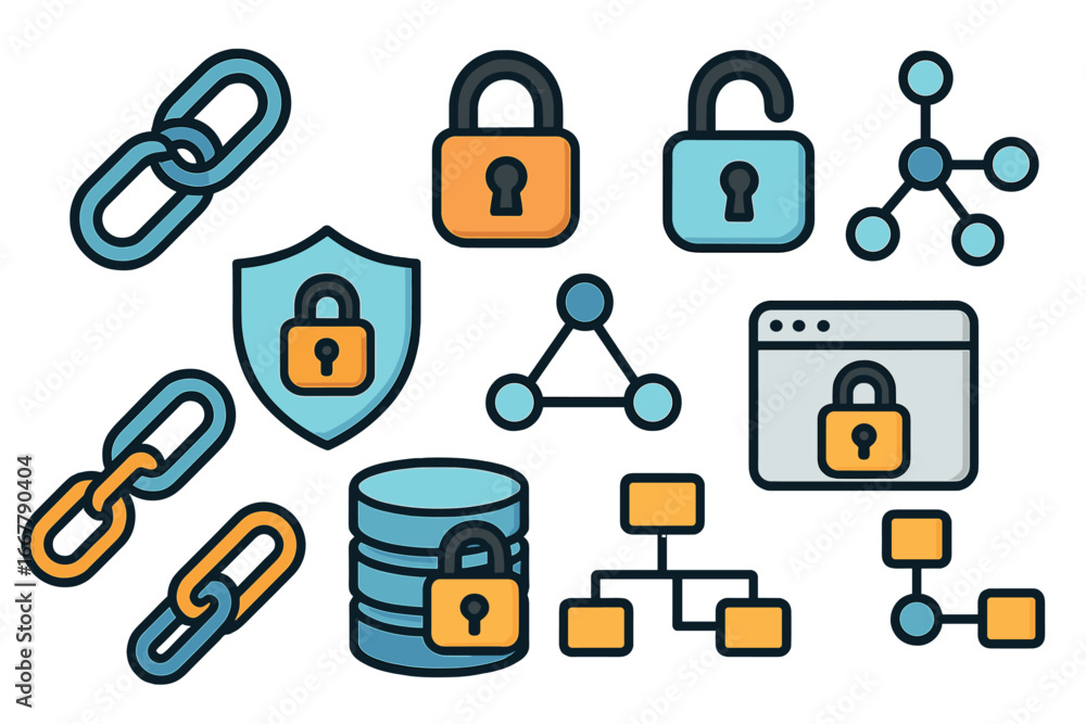 Poster cyber security icon set. concept of network protection, data privacy, and digital connection. vector