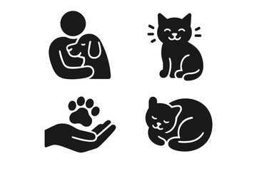 Pet comfort solid icons. Vector glyph set of a person hugging a dog, purring cat, paw in hand, sleeping pet. Concepts of love, care, adoption, friendship, animal welfare.