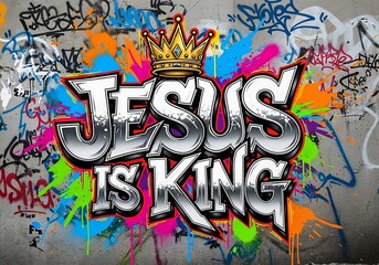 A graffiti street art in bold text JESUS IS KING