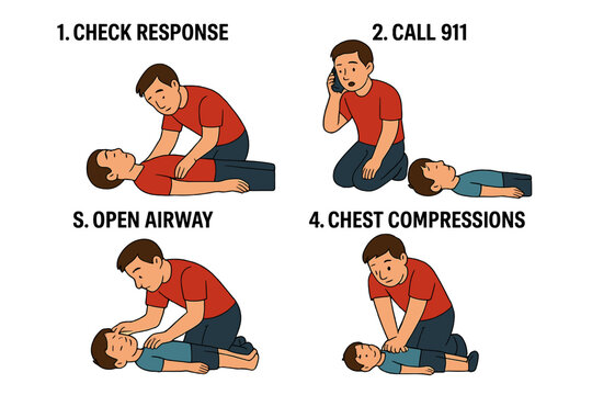 CPR first aid instructional guide for child resuscitation. Emergency medical procedure steps. Check response, call 911, open airway, chest compressions. Vector infographic.