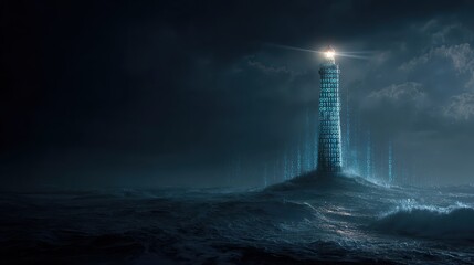 Digital Lighthouse Guiding Through Ocean Waves with Binary Code Overlay