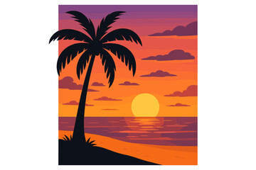 Tropical palm tree silhouette on beach at sunset. Vector illustration of a serene summer vacation paradise. Seascape with ocean, sun, and sand for travel or nature concepts.