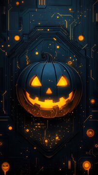 A glowing jack-o'-lantern against a dark, digital-themed background, combining Halloween elements with a tech-inspired aesthetic.