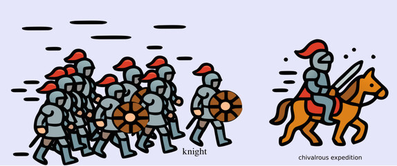 Medieval knight group on chivalrous quest. Suitable for historical or fantasy designs, book covers, and educational materials about knights.