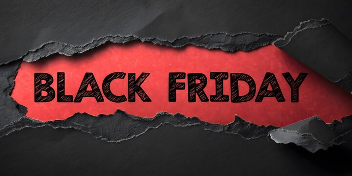 Dynamic Black Friday Advertisement Featuring Torn Black Paper Revealing Bold Red Text and Exciting Holiday Shopping