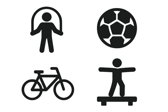 Set of physical activity icons. Sports, fitness and motor skills development symbols. Jump rope, soccer ball, bicycle and balance beam pictograms. Vector glyph collection.
