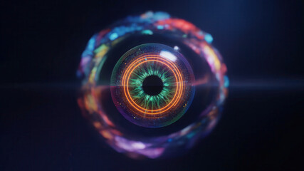 Stunning futuristic digital eye with vibrant glowing circuits and abstract colorful data streams, symbolizing advanced technology and AI.