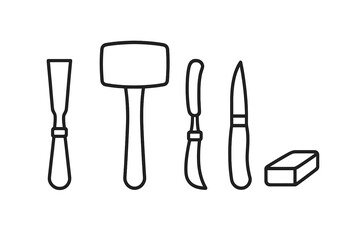 Wood carving tools set vector outline icons. Woodworking hand tools for carpentry, craft, hobby, sculpture. Includes chisel, mallet, gouge, carving knife, sharpening stone.