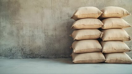 Burlap sacks with harvested crops leaning vertically against rough concrete wall, showcasing agricultural storage conditions