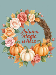 Fall wreath design featuring pumpkins and roses celebrates autumn charm and beauty