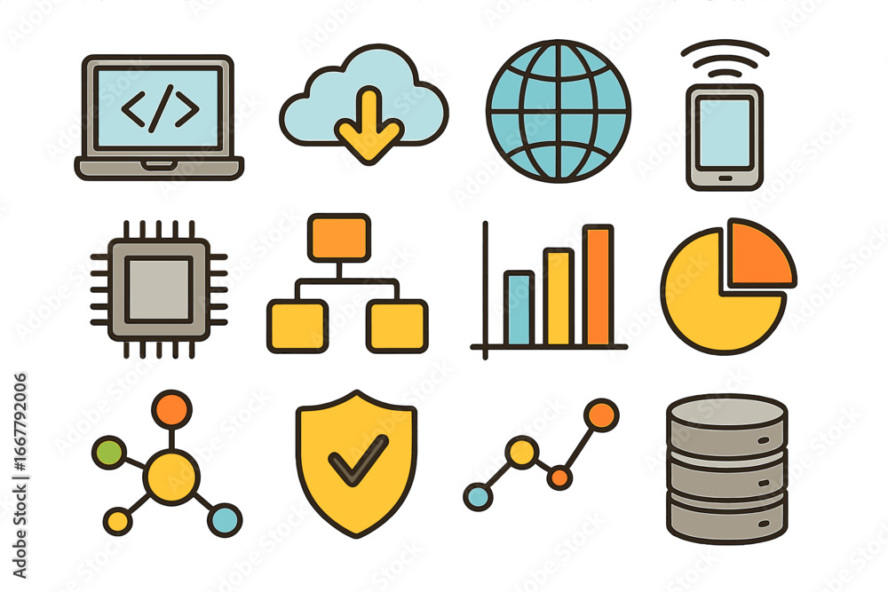 Fototapete technology icon set for data science and analysis. vector symbols for web design, programming, cloud