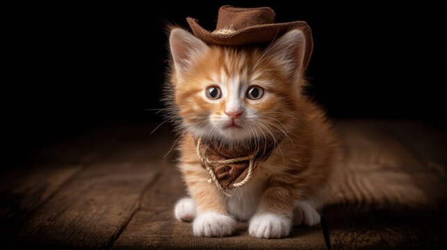Adorable orange tabby kitten with green eyes wea a tiny leather hat and collar sitting on a wooden surface with dark background - Powered by Adobe