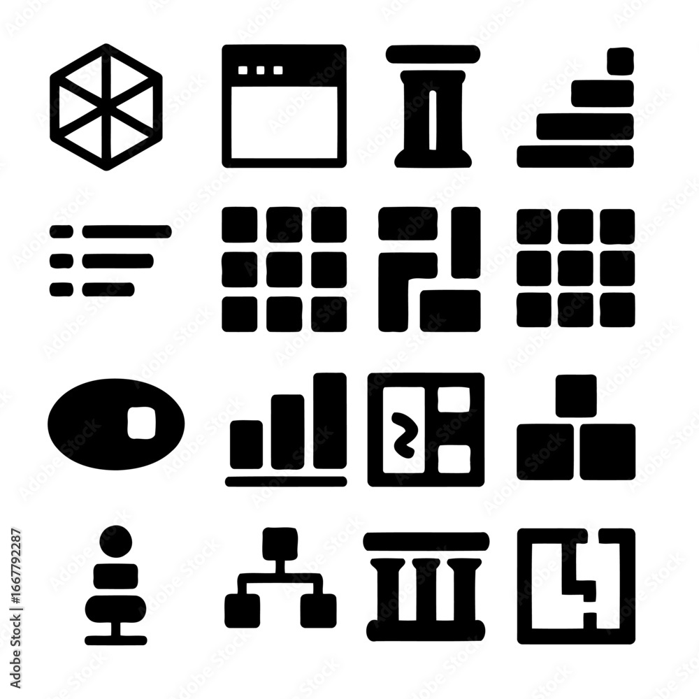 Poster iconic visual language: a collection of minimalistic, monochromatic icons showcases an assortment of
