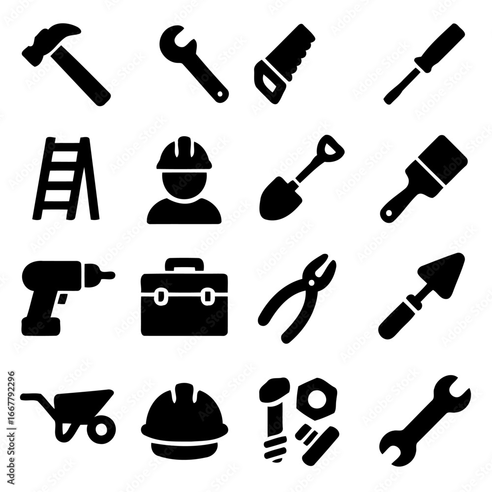 Poster construction tools: a collection of tools of different shapes and sizes, essential instruments used 