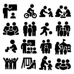 Childhood moments illustrated: Various black silhouette images showcase key milestones and everyday moments in a child's life, including educational scenes, playtime, social interactions.