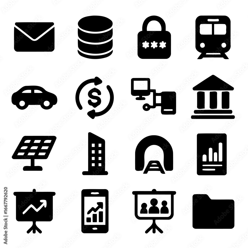 Poster digital icons: a set of minimalist digital icons representing various aspects of modern life and tec