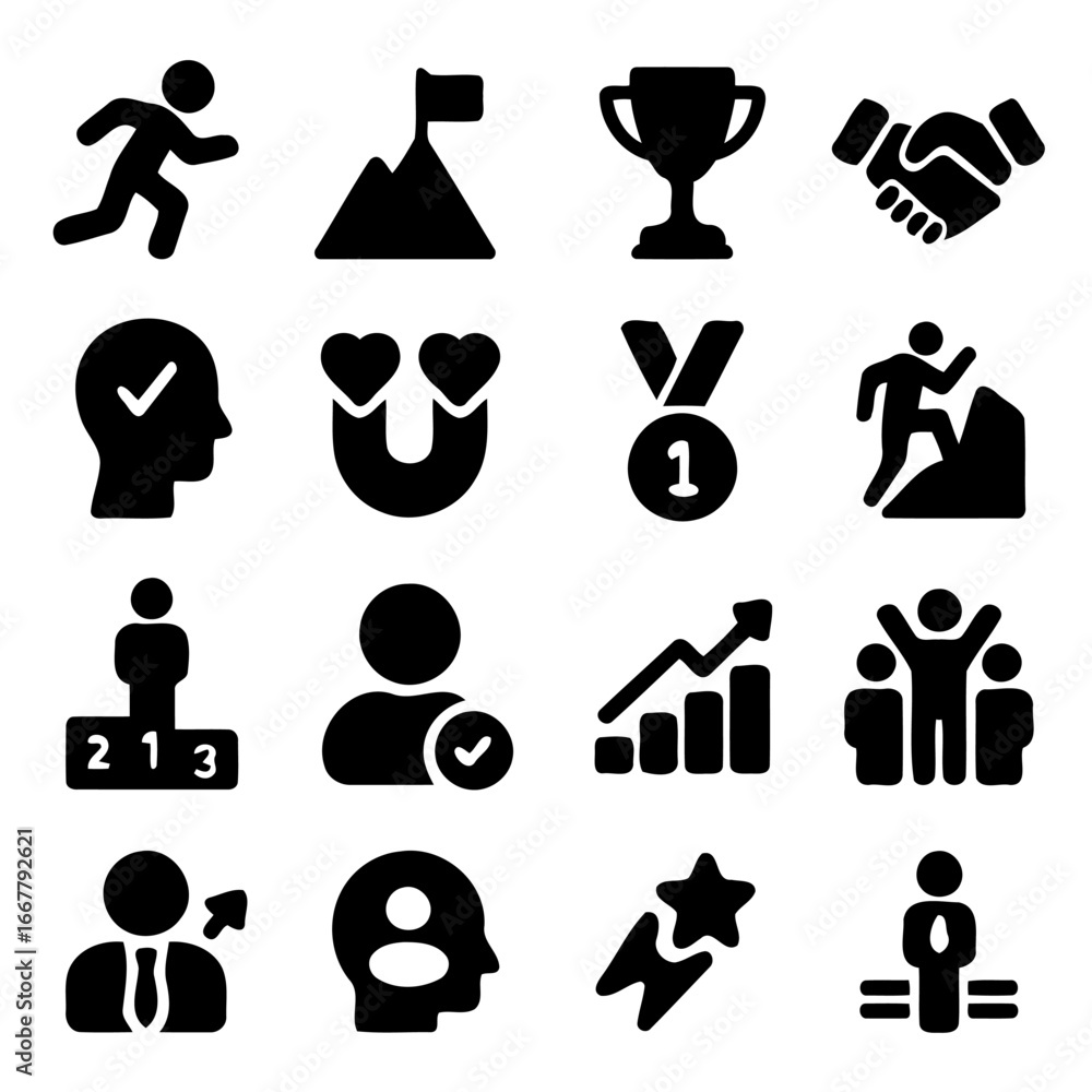 Poster achievment icons : a collection of simple yet striking icons representing core concepts of success, 