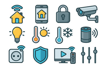 Smart home icon set for home automation. Vector illustration of IoT technology concepts like security camera, climate control, smart light, and remote mobile app control.