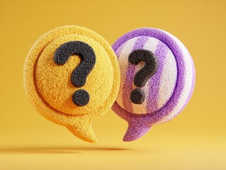 Two fluffy speech bubbles, one yellow, one purple striped, each with a black question mark, hover against a yellow background