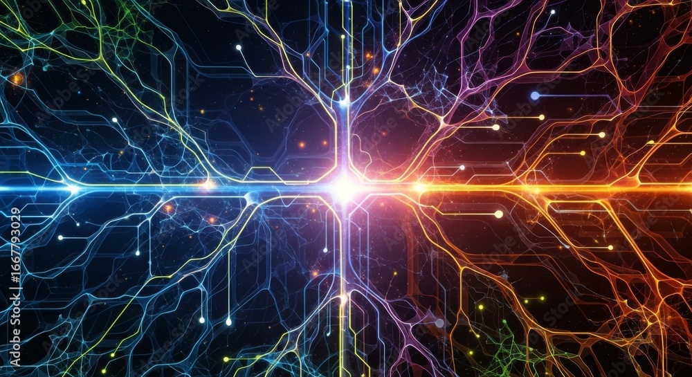 Poster abstract depiction of interconnected neural pathways glowing with vibrant, contrasting colors, repre