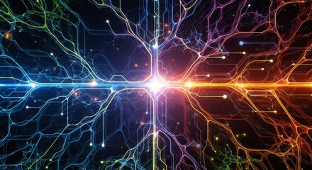 Abstract depiction of interconnected neural pathways glowing with vibrant, contrasting colors, representing complex data flow and digital consciousness.