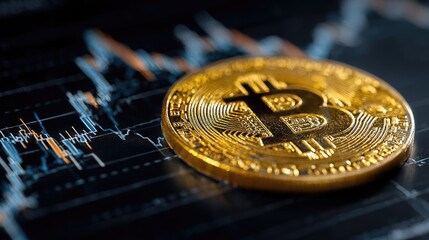 Close-up of gold coin on a dark graph