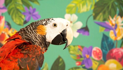 Obraz premium A vibrant parrot, profile view, against a tropical backdrop of flowers and foliage