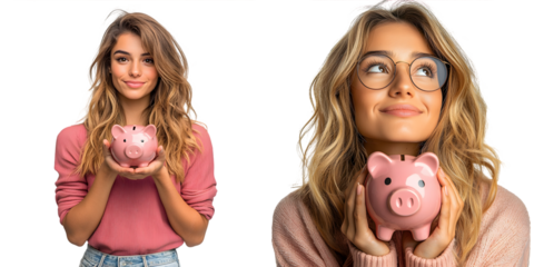Young caucasian woman holding a piggy bank isolated having an idea, inspiration concept isolated on a transparent background