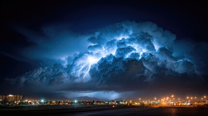 Night cityscape with massive, electrifying storm clouds