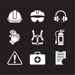 Safety equipment vector icons: construction, workplace safety gear eps silhouette