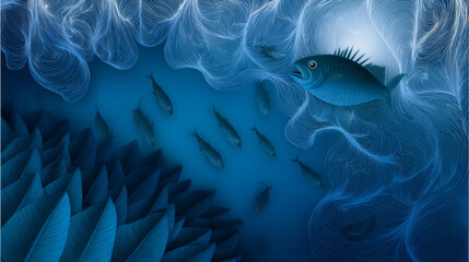 Fototapeta premium Web banner for summer sale with top view on water texture. Top view on fish in sea. Vector illustration with special offer of discount season. 