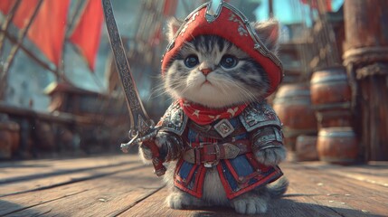Adorable kitten dressed as a brave pirate holding a sword on a ship deck with colorful sails and wooden planks