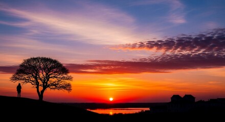 Obraz premium Silhouette by tree at sunset dramatic sky and landscape