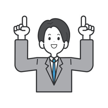 両手で上を指差す笑顔のスーツ男性のベクターイラスト
