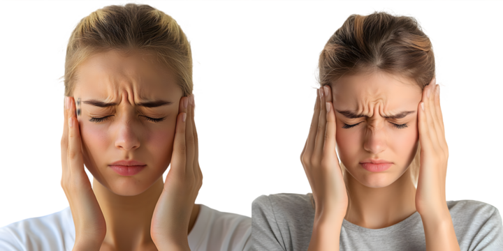 Young caucasian young woman in studio having a head ache, touching front of the face isolated on a transparent background
