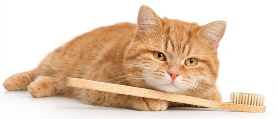 Adorable orange tabby cat lying down with a wooden toothbrush on a plain white background for dental hygiene and pet care