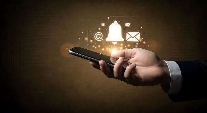 A dramatic, close-up studio portrait photograph focuses on a man’s hand delicately cradling a modern smartphone. Above the screen, a shimmering, ethereal overlay of notification icons—a prominent bell