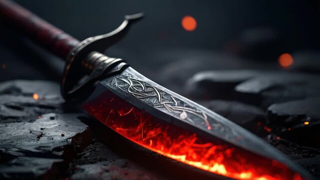 Fiery dagger on dark stones