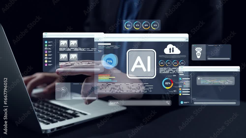 Poster a close-up view of hands working on a laptop, featuring a digital marketing strategy concept with a 
