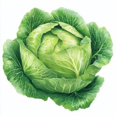 Obraz premium A fresh head of green cabbage with tightly packed leaves, isolated on white background color, photorealistic accuracy, good composition, high resolution