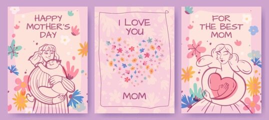Mom day floral greeting cards with pink backgrounds, mother and child illustrations, colorful flowers for celebration. Heart shaped bouquet, loving messages and pastel blooms for maternal appreciation